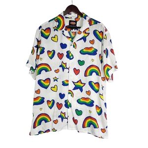 Rainbow Pride Men's Hawaiian Shirt Hearts Stars Clouds Button Down XL LGBTQ Love